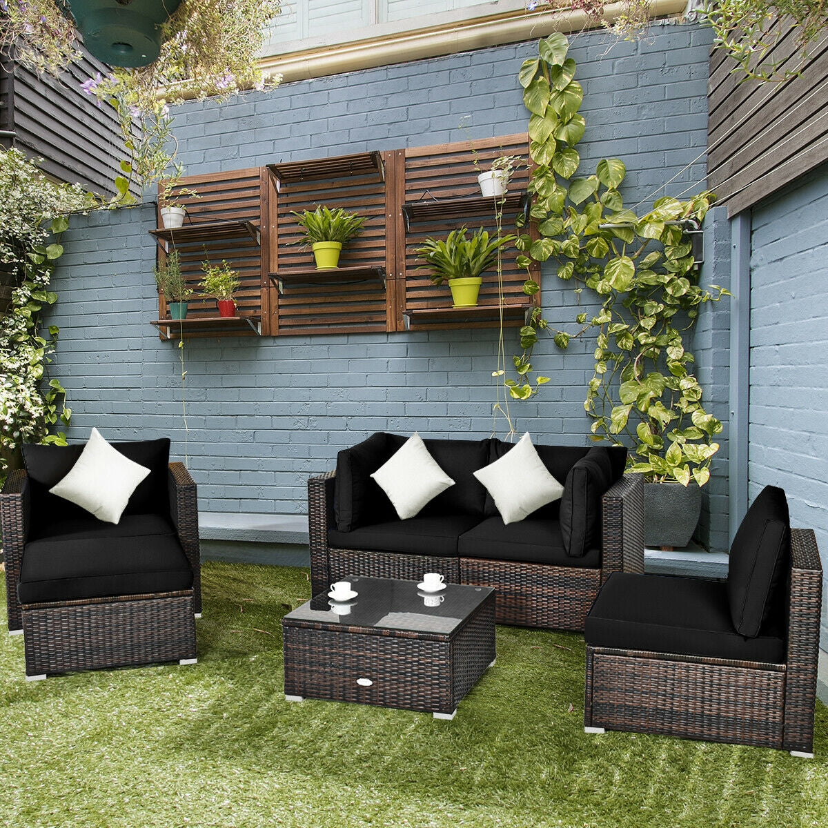 6 Pcs Patio Rattan Furniture Set with Sectional Cushion-Blue