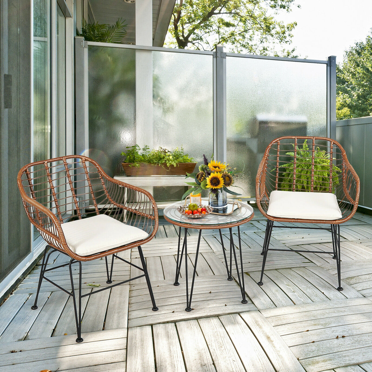 3 Pieces Patio Rattan Bistro Set with Cushion-White