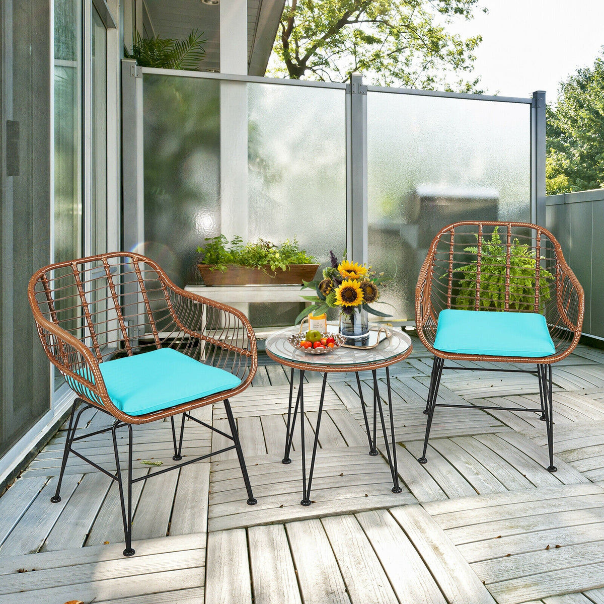 3 Pieces Patio Rattan Bistro Set with Cushion-Turquoise