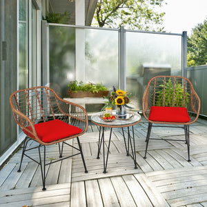 3 Pieces Patio Rattan Bistro Set with Cushion-Red