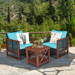 3 Pieces Patio Wicker Furniture Set with Washable Cushion and Acacia Wood Coffee Table-Beige
