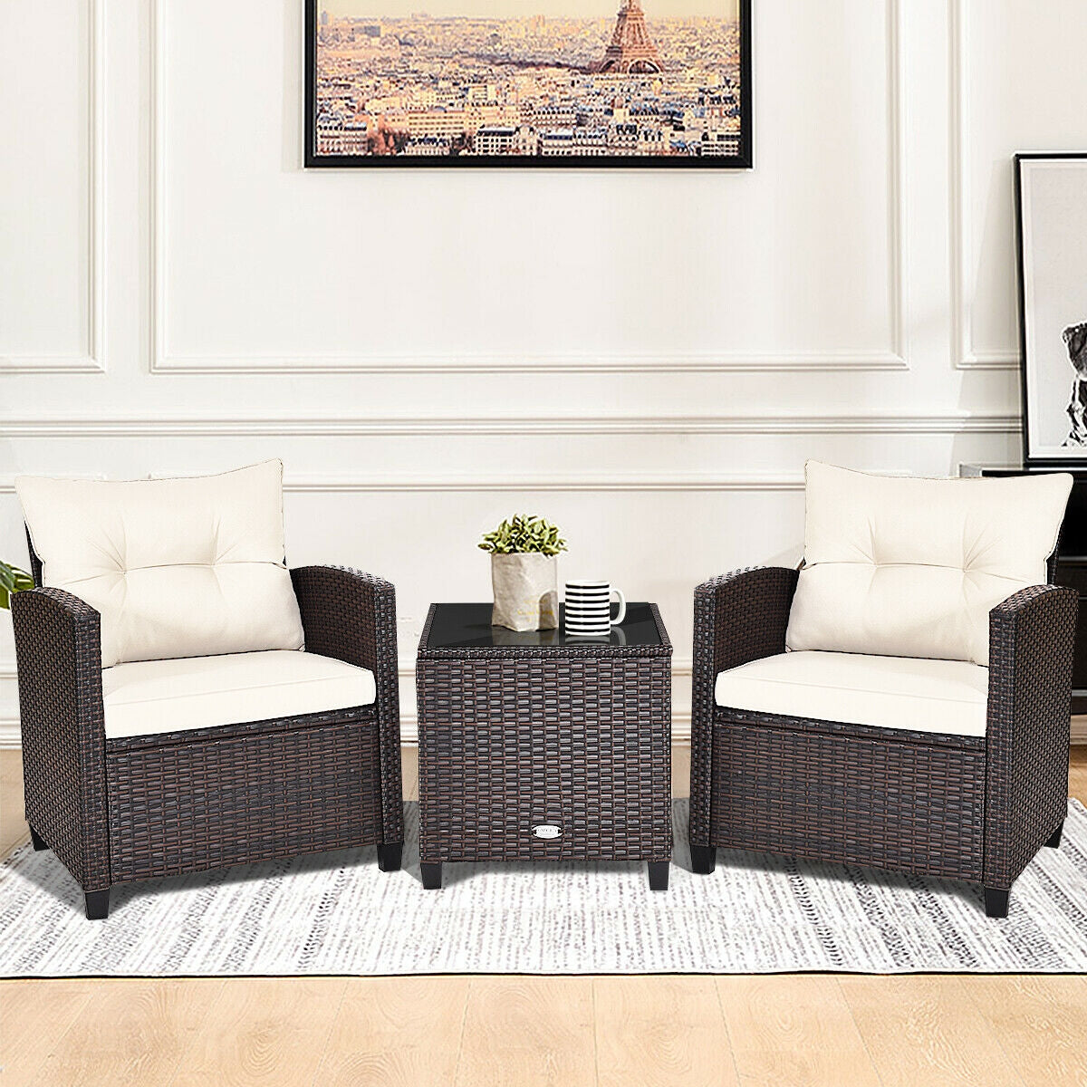 3 Pcs Patio Rattan Furniture Set Cushioned Conversation Set Coffee Table-Beige