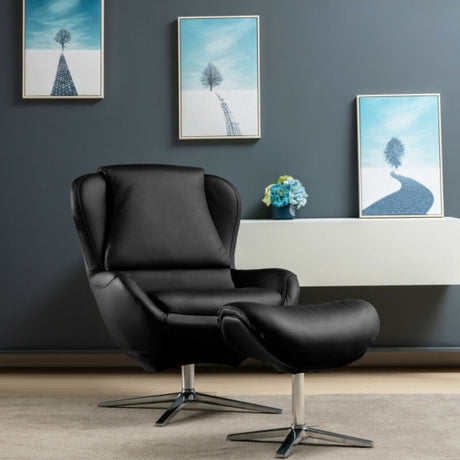 360°  Swivel Leather Lounge Chair with Ottoman and Aluminum Alloy Base-Black
