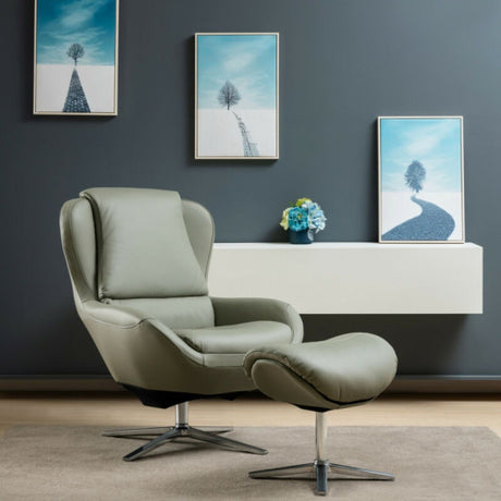 360°  Swivel Leather Lounge Chair with Ottoman and Aluminum Alloy Base-Gray