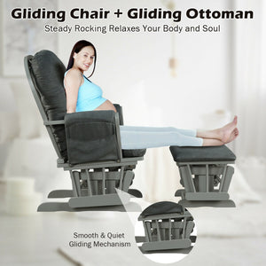 Wood Glider and Ottoman Set with Padded Armrests and Detachable Cushion-Dark Gray