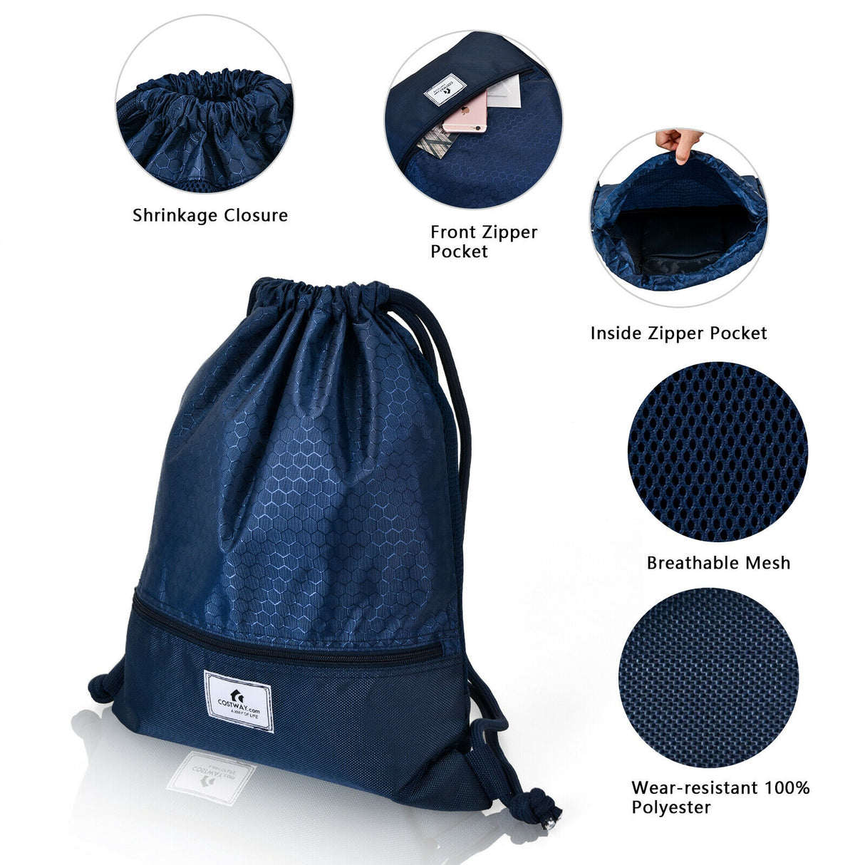 Drawstring Backpack String Bag Foldable Sports Sack with Zipper Pocket-Dark Blue