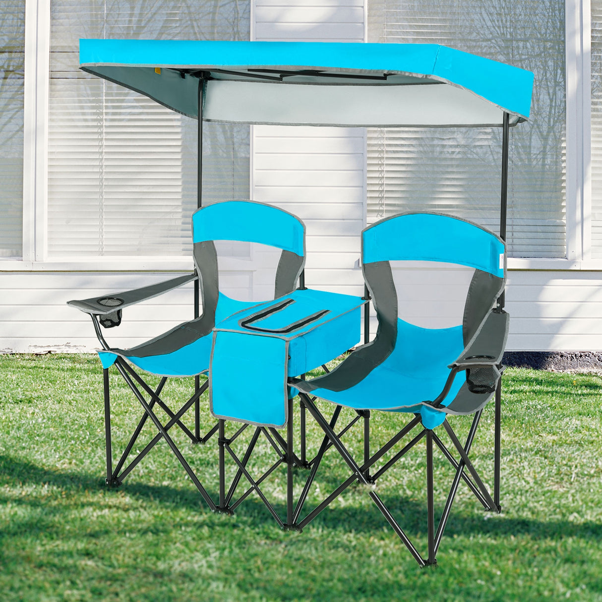 Patented Portable Folding Camping Canopy Chairs with Cup Holder-Blue