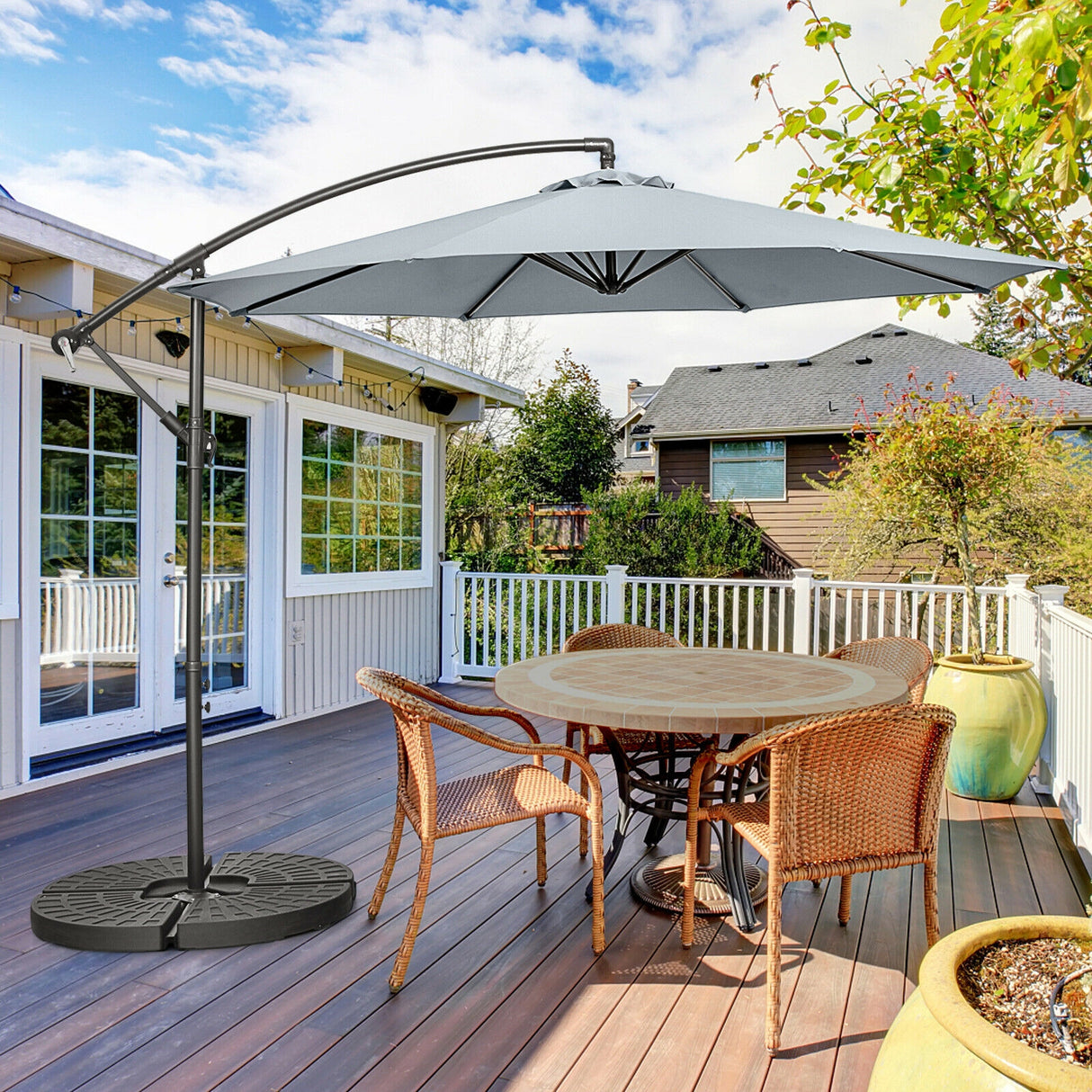10 Feet Offset Umbrella with 8 Ribs Cantilever and Cross Base-Brown