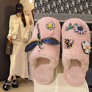Winter Woman Warm Home Slippers Women Diamond Flip Flops Fur Slides Anti-slip Indoor Slippers Slip On Bedroom Shoes Memory Foam Wool Lining Indoor Ourdoor Non Skid Slippers