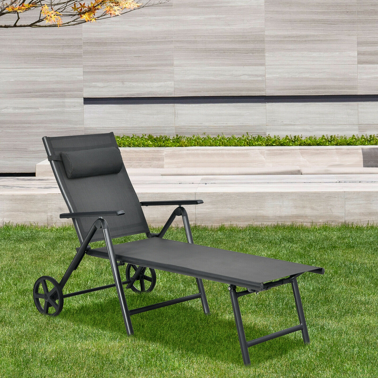 Patio Lounge Chair with Wheels Neck Pillow Aluminum Frame Adjustable-Gray