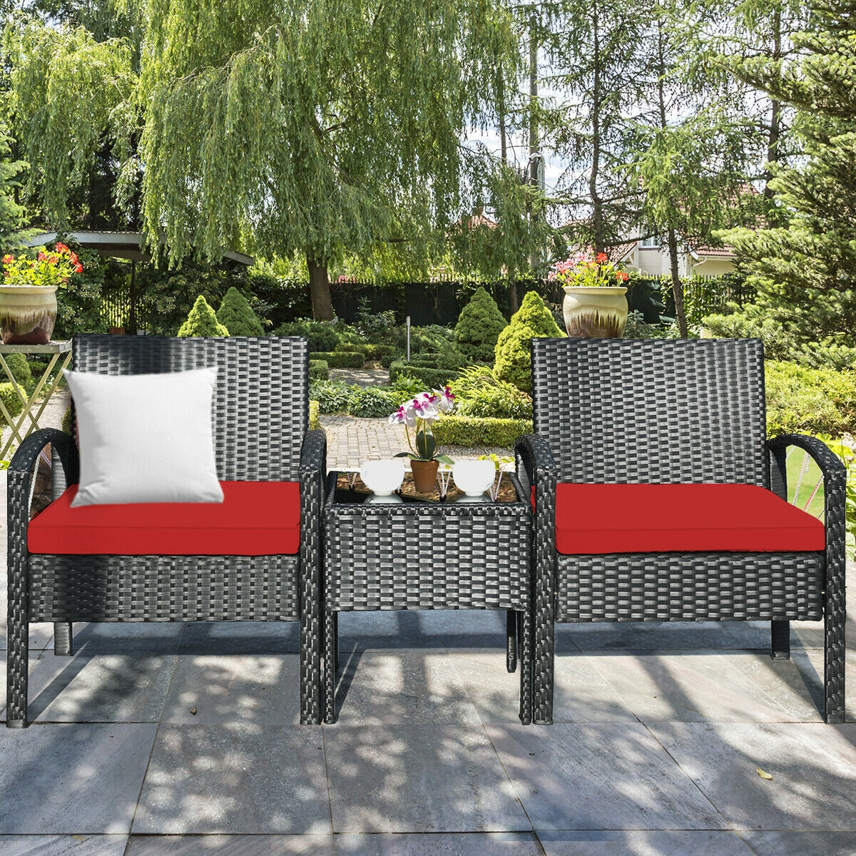 3 Pieces Outdoor Rattan Patio Conversation Set with Seat Cushions-White