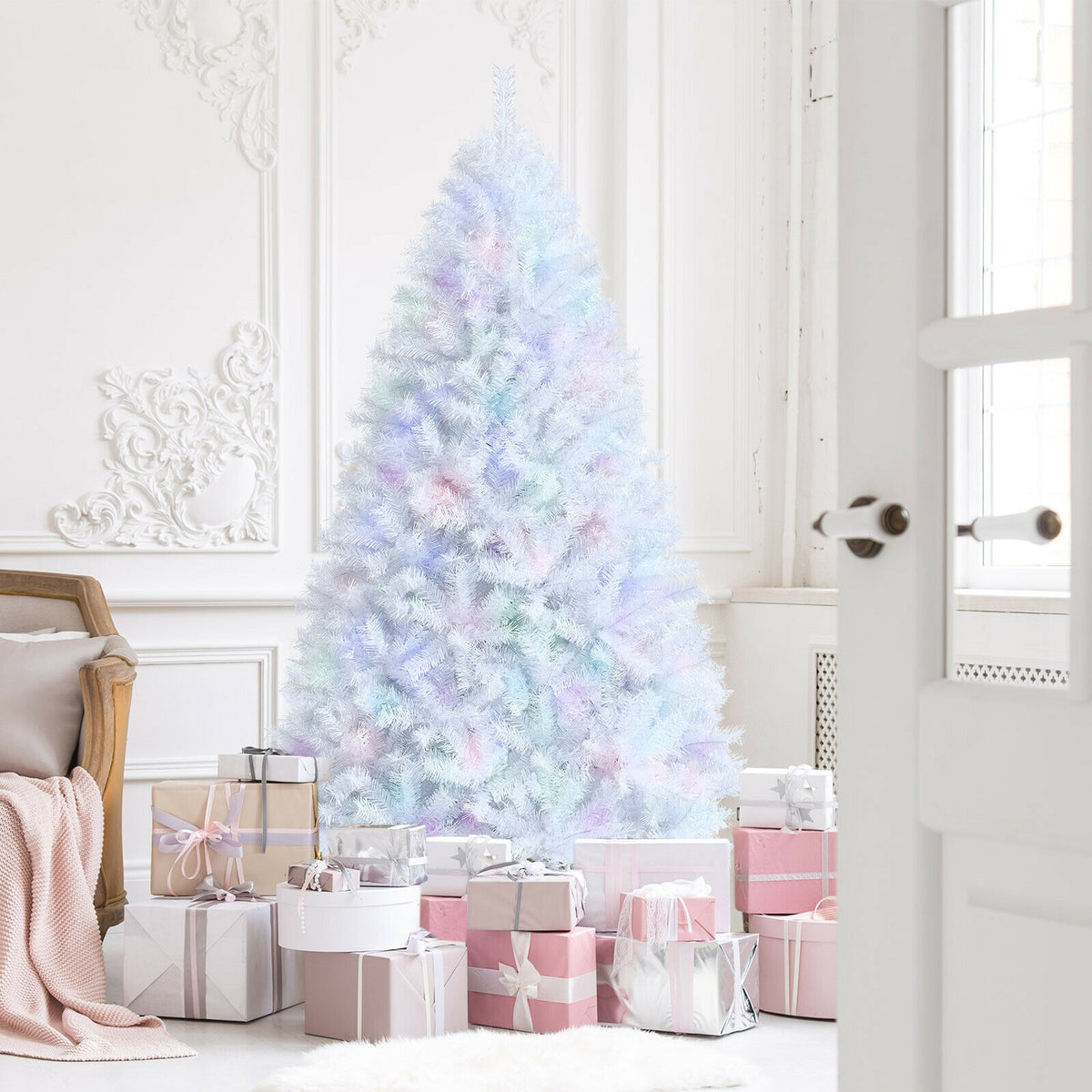 7 Feet White Iridescent Tinsel Artificialâ€‚Christmas Tree with Metal Stand