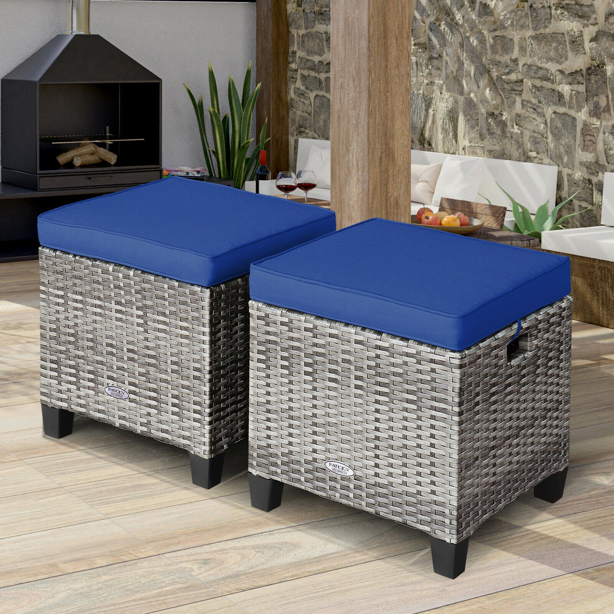 2PCS Patio Rattan Wicker Ottoman Seat with Removable Cushions-Red