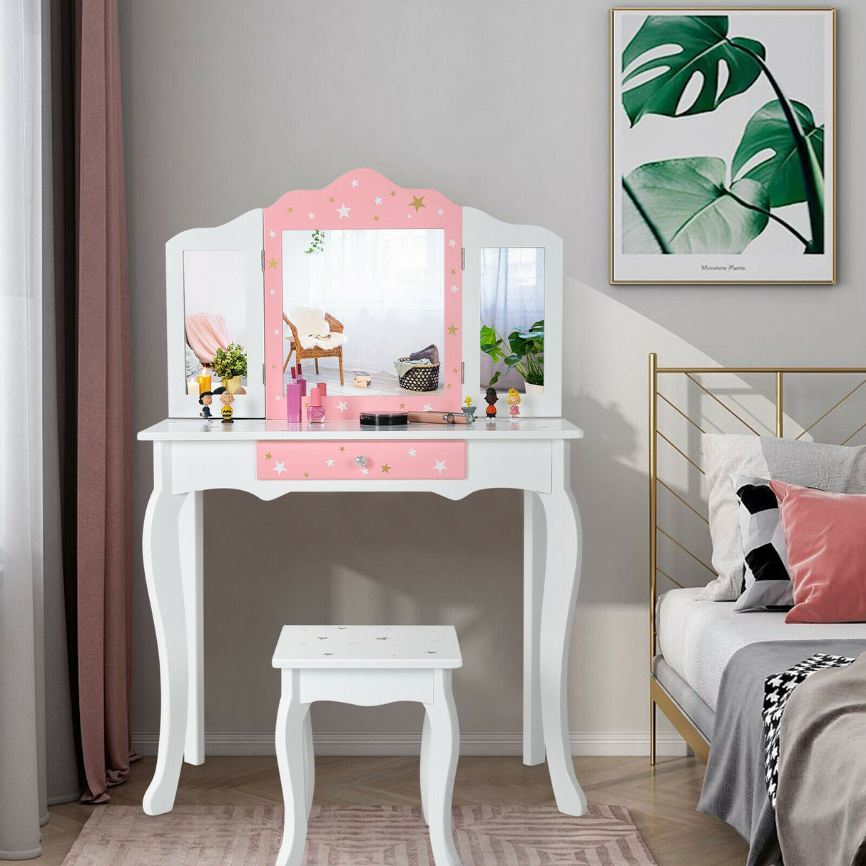 Kids Princess Vanity Table and Stool Set with Tri-folding Mirror and Drawer-Pink