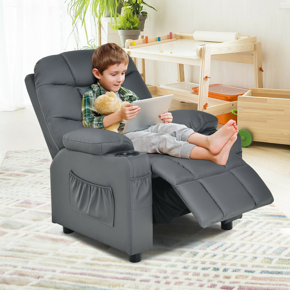 Kids Recliner Chair with Cup Holder and Footrest for Children-Blue