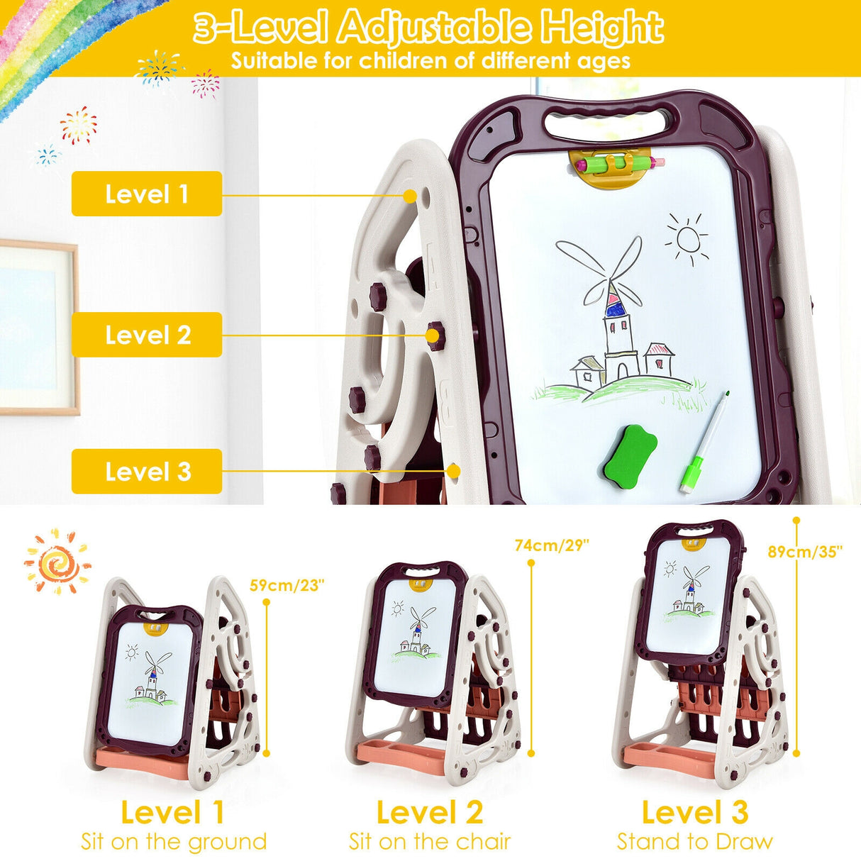 3-in-1 Kids Art Easel Double-Sided Tabletop Easel with Art Accessories-Blue