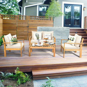 Outdoor 4 Pieces Acacia Wood Chat Set with Water Resistant Cushions-Gray