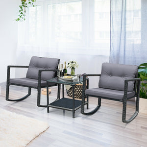3 Pcs Wicker Rocking Bistro Set with Glass Coffee Table and Storage Shelf-Beige