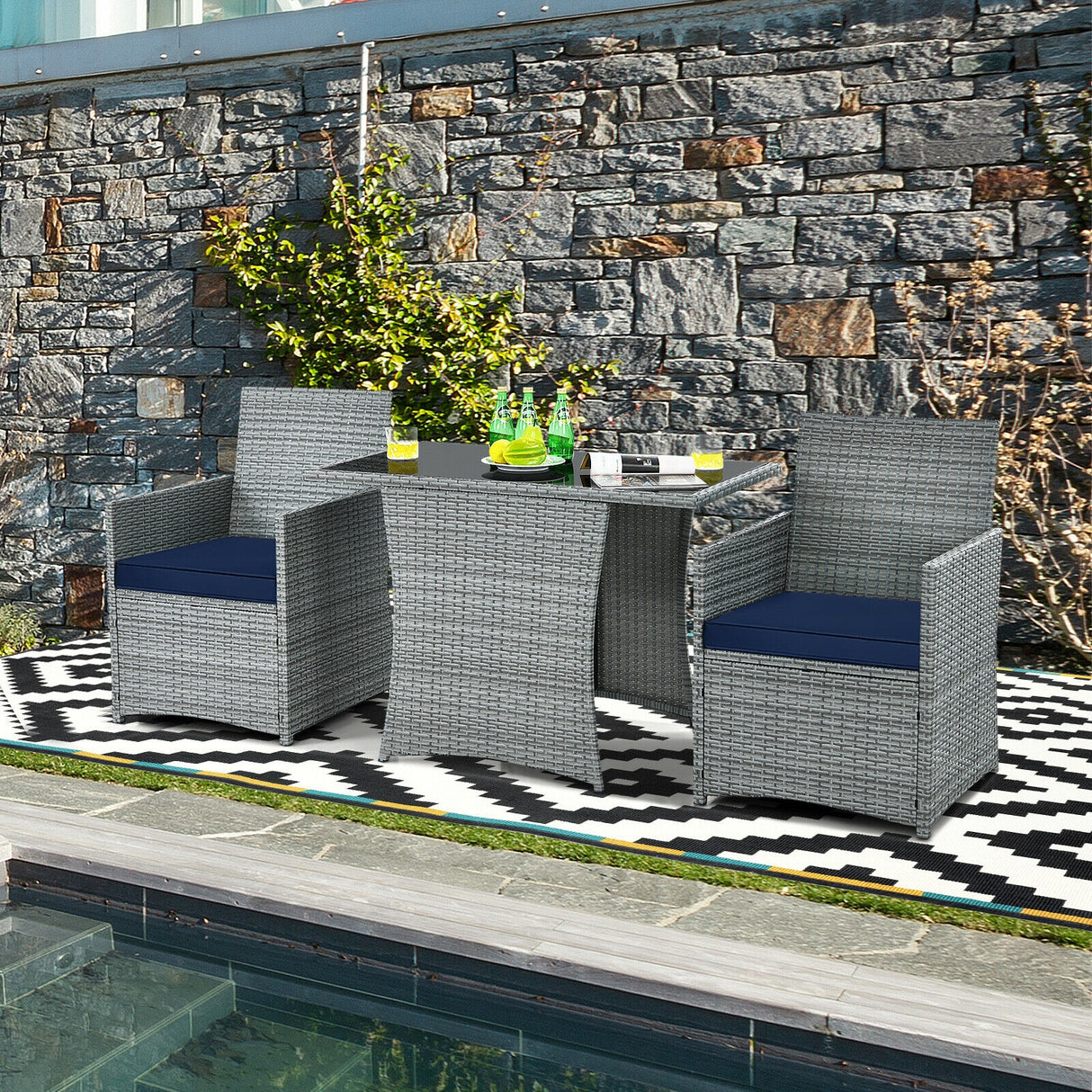3 Pieces Patio Rattan Furniture Set with Cushioned Armrest Sofa-White