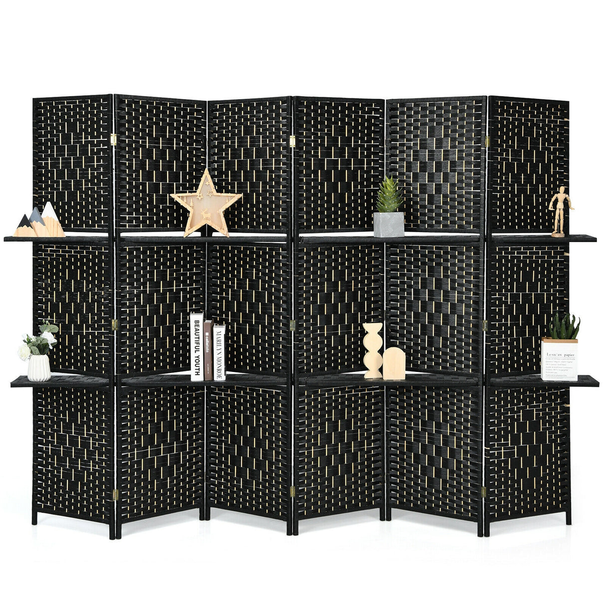 6 Panel Folding Weave Fiber Room Divider with 2 Display Shelves -Brown