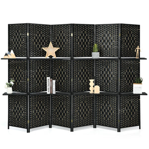 6 Panel Folding Weave Fiber Room Divider with 2 Display Shelves -Brown