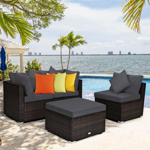 4 Pcs Ottoman Garden Deck Patio Rattan Wicker Furniture Set Cushioned Sofa-White
