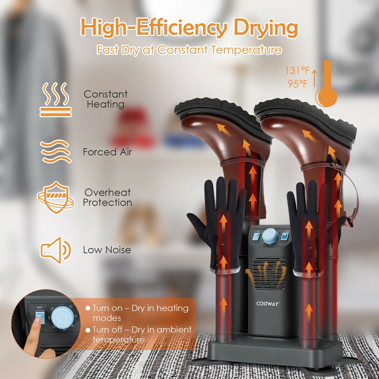 Electric Shoe Boot Dryer 4 Shoes with 180 Mins Timer Ozone Disinfection-Black