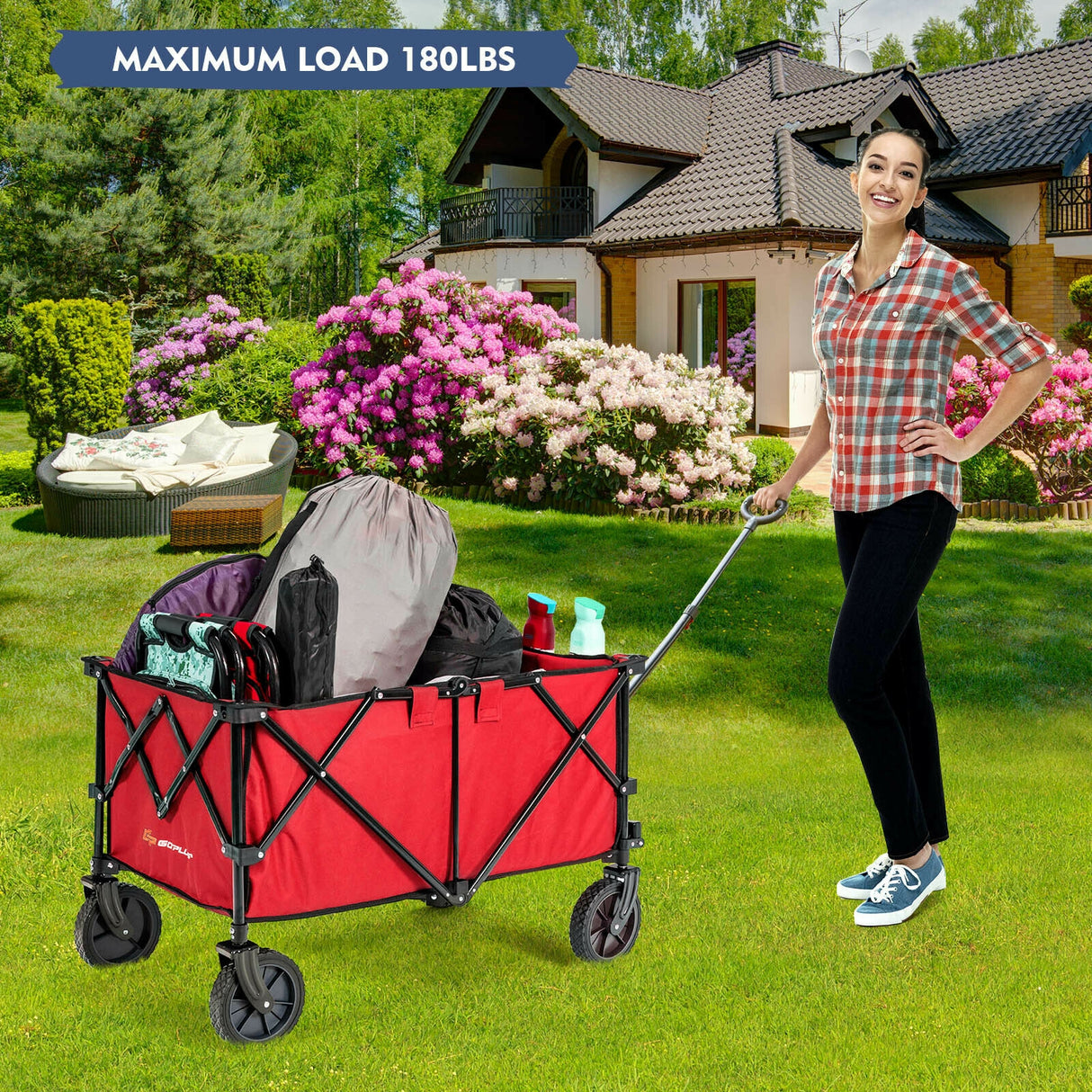 Outdoor Folding Wagon Cart with Adjustable Handle and Universal Wheels-Gray