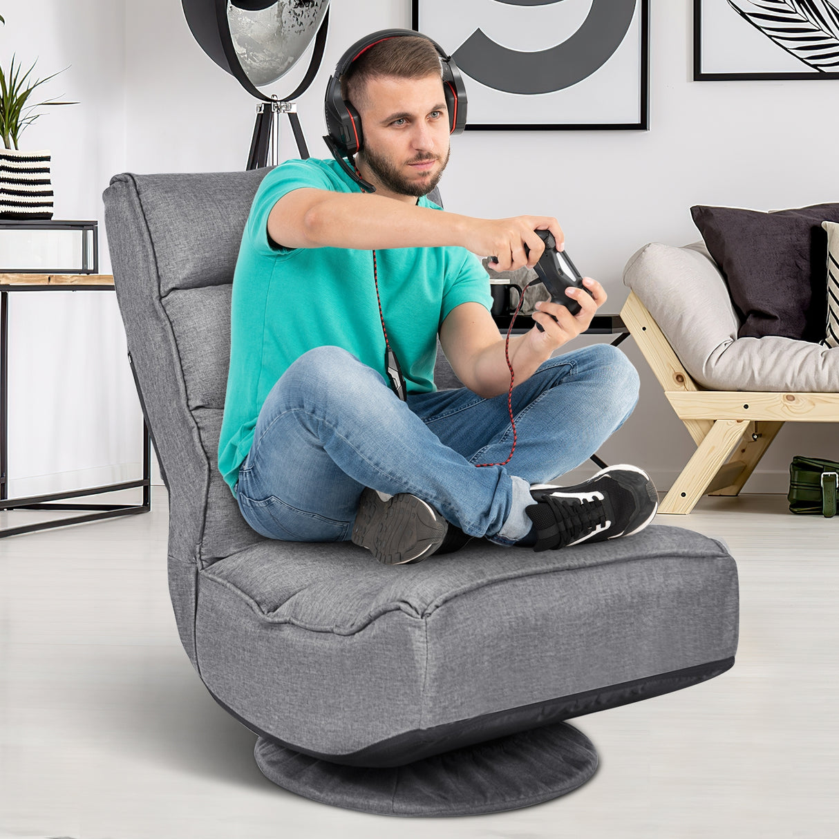 5-Position Folding Floor Gaming Chair-Navy