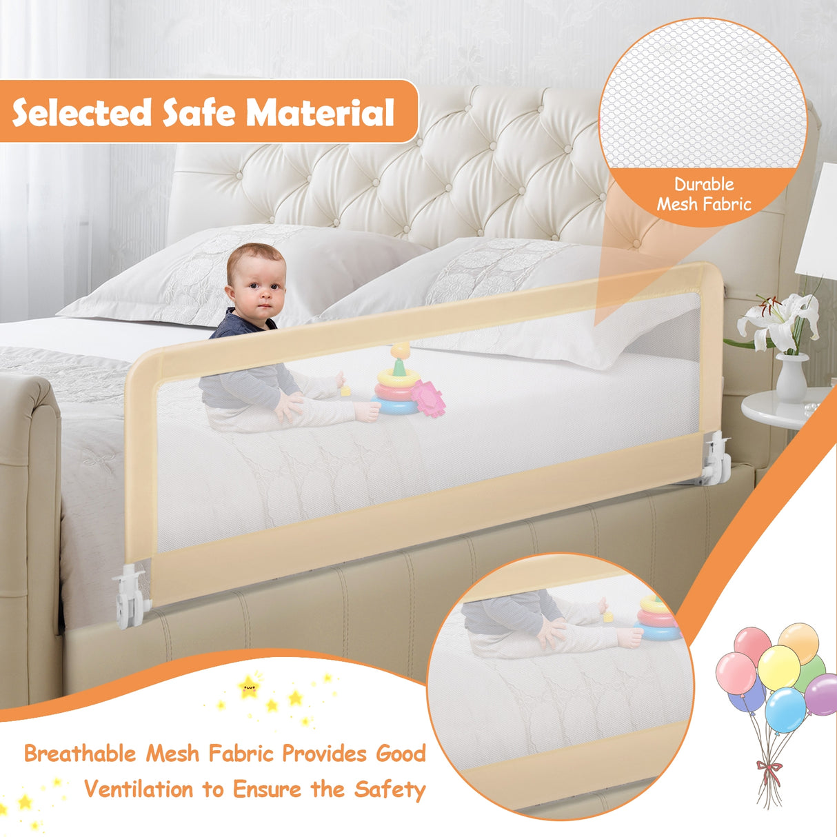 59 Inch Folding Breathable Baby Bed Rail Guard with Safety Strap-Blue