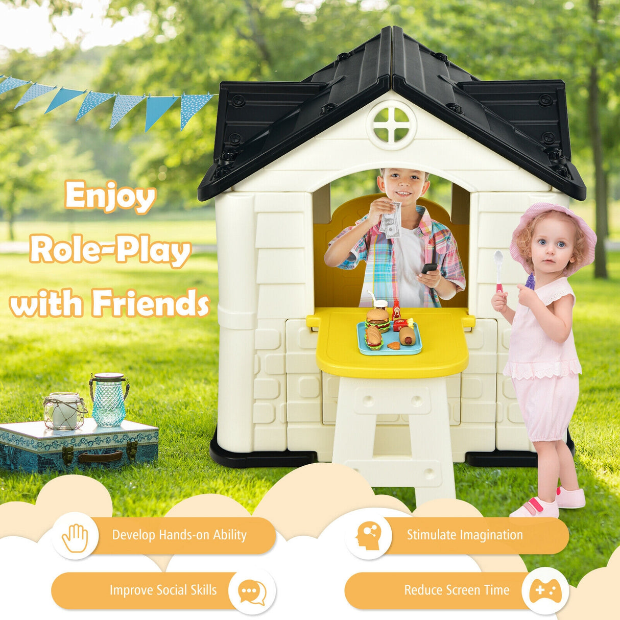 Kid ™s Playhouse Pretend Toy House For Boys and Girls 7 Pieces Toy Set-Pink