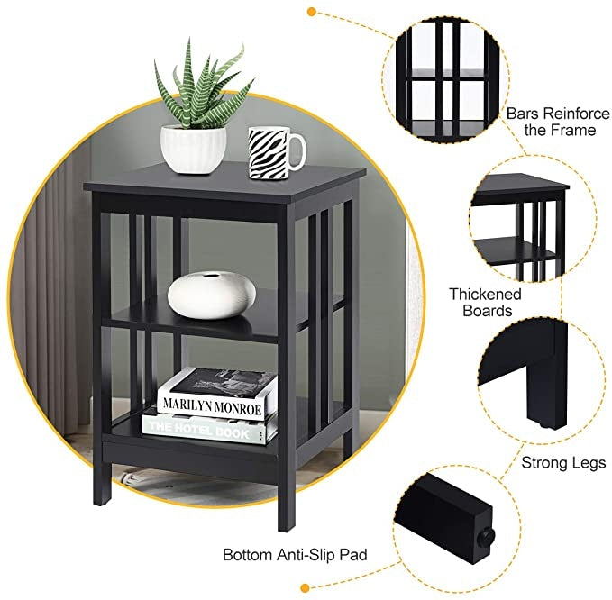 2 Pieces 3-Tier Nightstand with Reinforced Bars and Stable Structure-Dark Brown