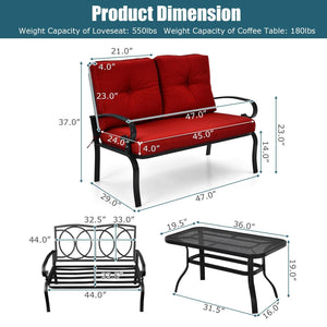 2PCS Patio Loveseat Bench Table Furniture Set with Cushioned Chair-Turquoise