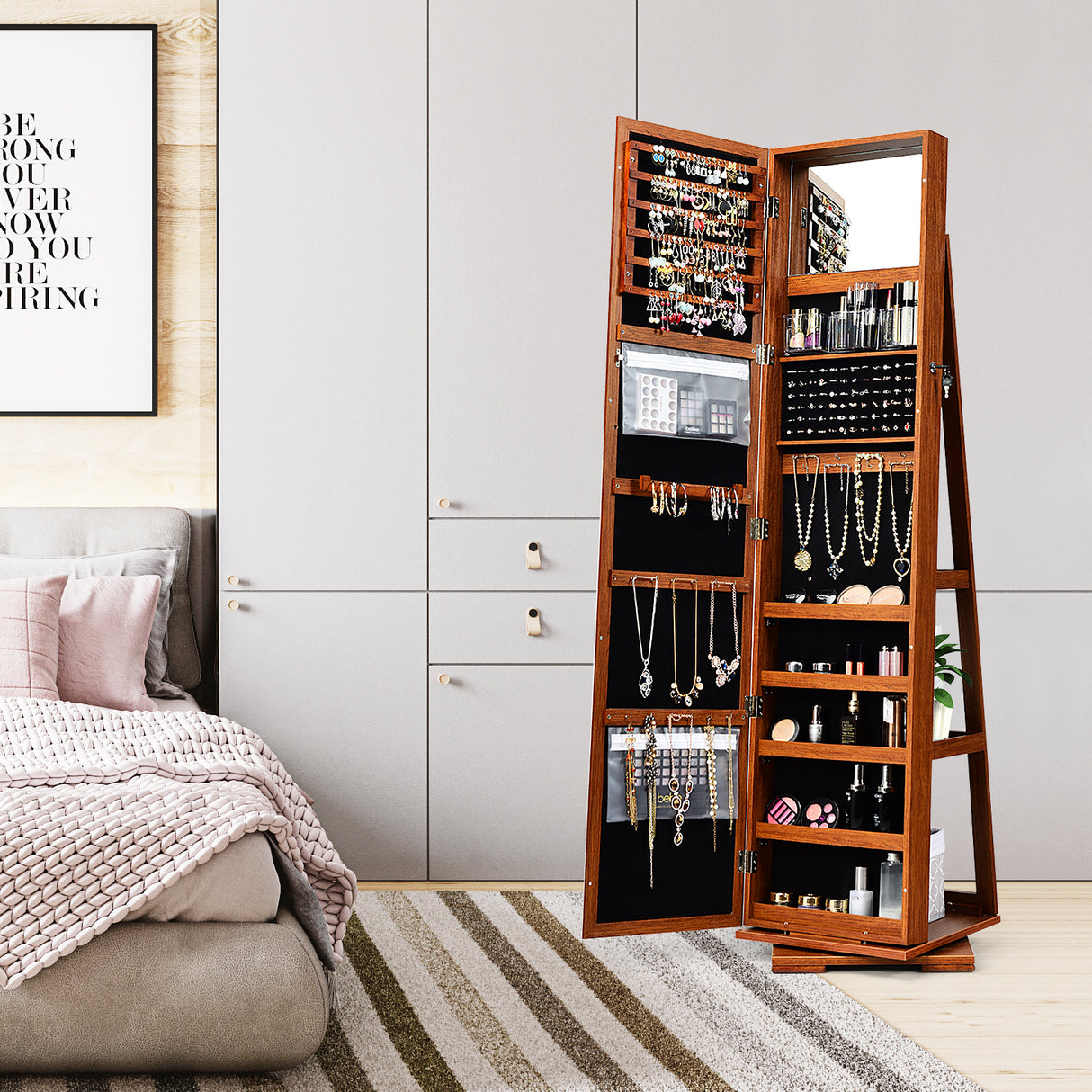 360 ° Rotatable 2-in-1 Lockable Jewelry Cabinet with Full-Length Mirror-Brown