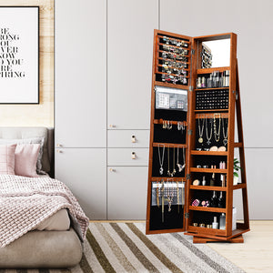 360 ° Rotatable 2-in-1 Lockable Jewelry Cabinet with Full-Length Mirror-Brown