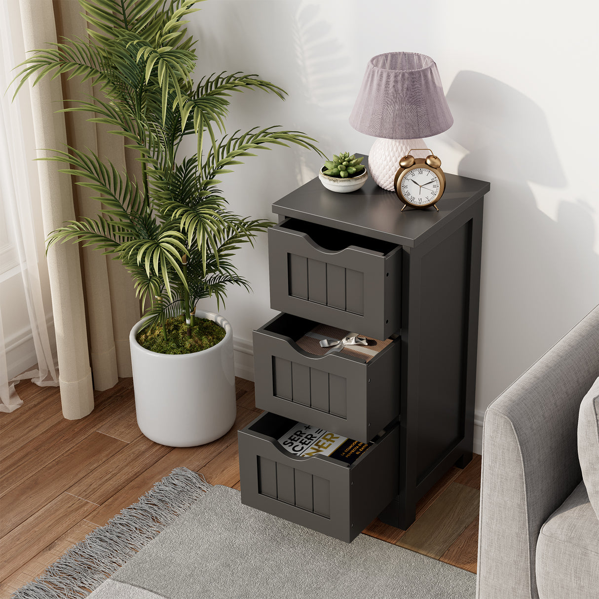 Bathroom Wooden Free Standing Storage Side Floor Cabinet Organizer-3-Tier.