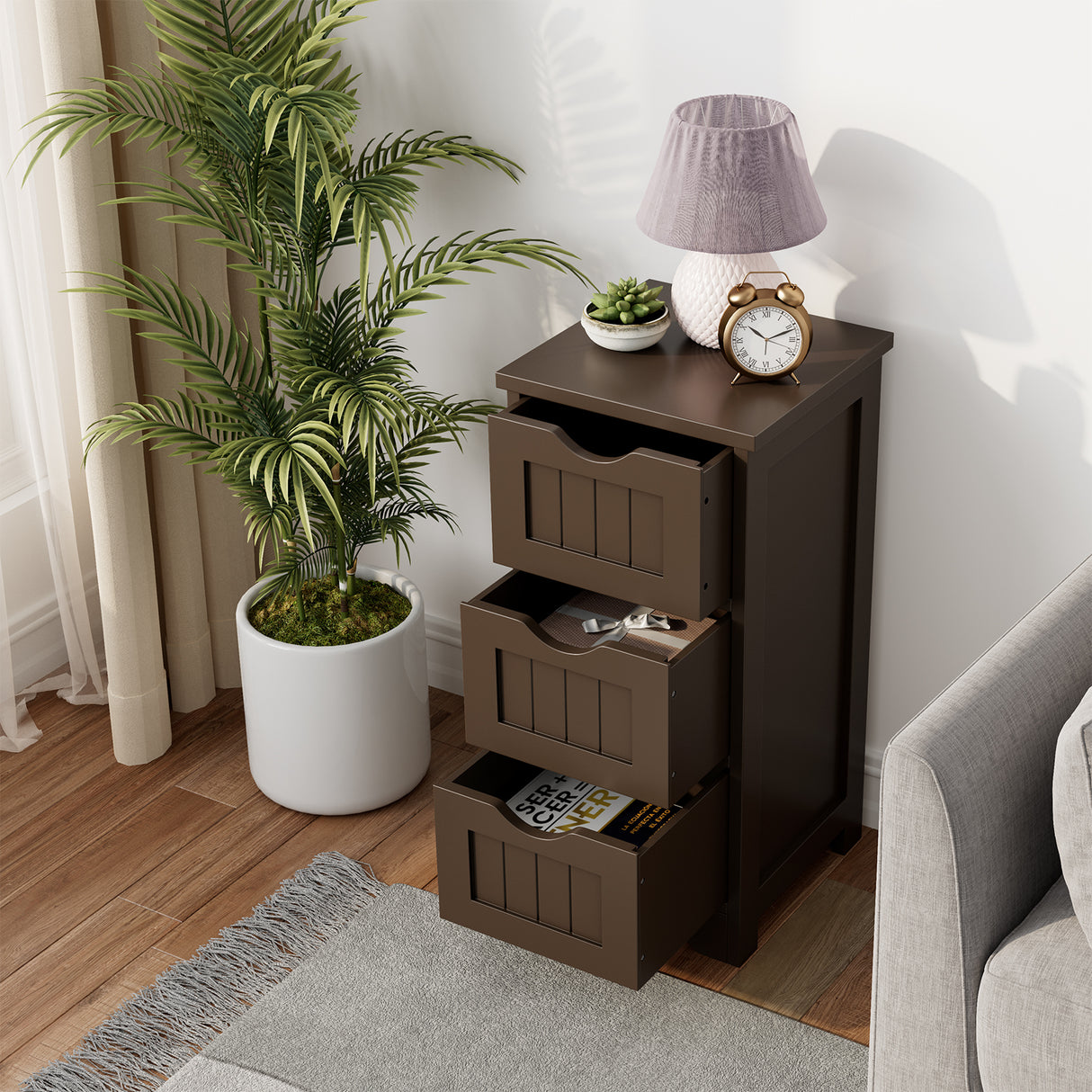 Bathroom Wooden Free Standing Storage Side Floor Cabinet Organizer-3-Tier.