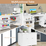 Folding Sewing Table Shelves Storage Cabinet Craft Cart with Wheels-White