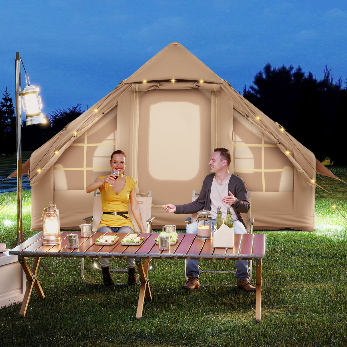 4-6 People Inflatable Camping Tent with 4 Mesh Screen Windows and 2 Doors-White