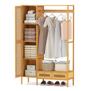 Bamboo Clothing Rack with Cabinet and Drawers and Hanging Rod-Natural