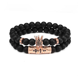 Lava Stone Combination Cubic Zircon Beads Bracelet Natural Red Tiger Eye Black Matte Onyx Stone Crown King Beads Bracelet For Men Women Fashion Charm Zircon Head Elastic Adjustable Bracelet Set Luxury Design
