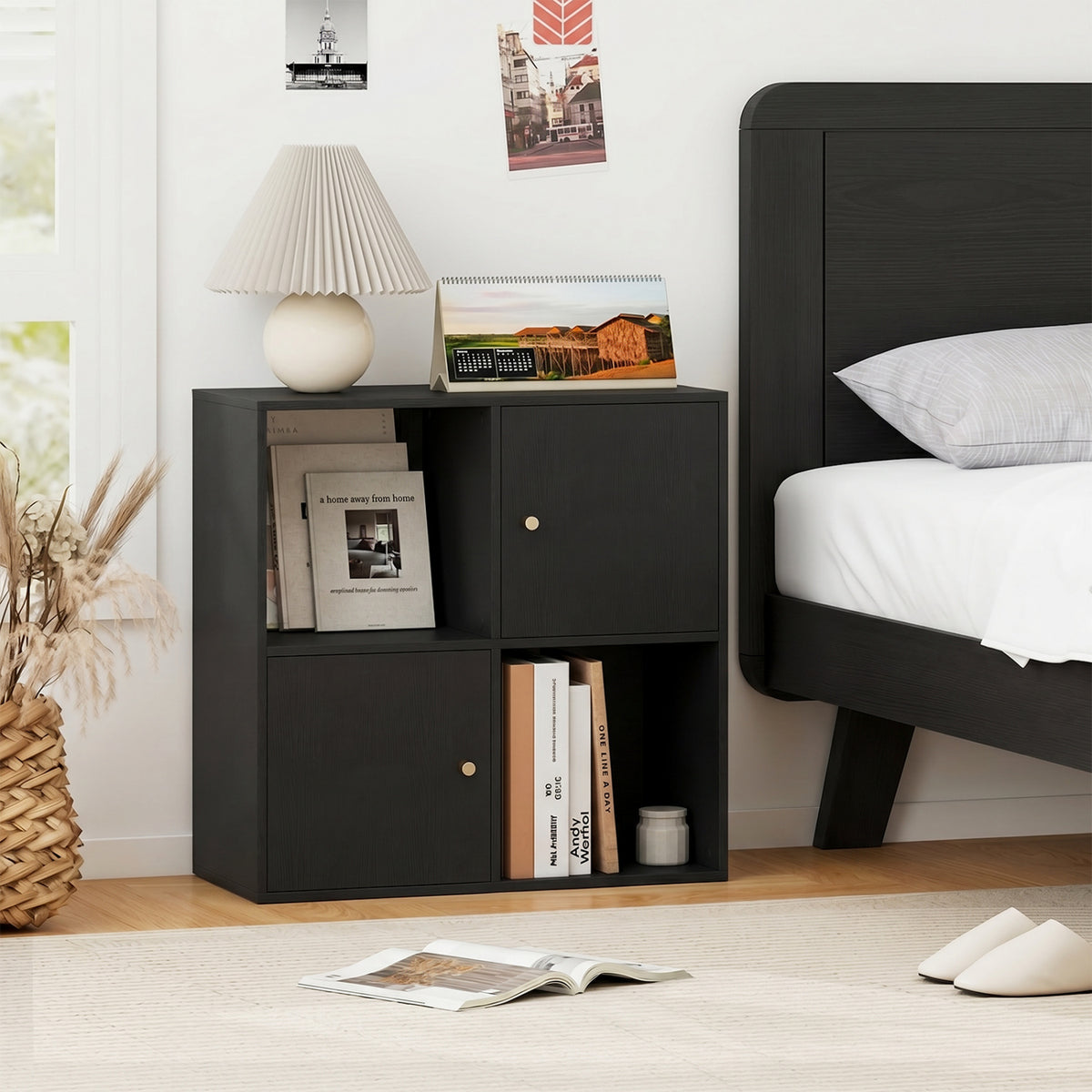 4-Cube Bookcase 3-Tier Bookshelf with Dual Anti-Tipping Kits and 2 Cabinets-Black