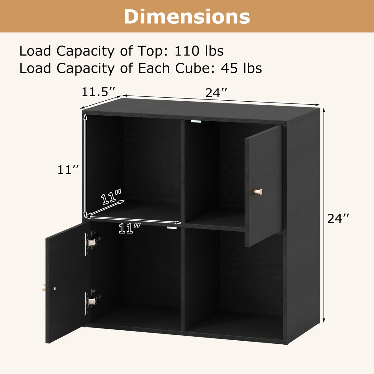 4-Cube Bookcase 3-Tier Bookshelf with Dual Anti-Tipping Kits and 2 Cabinets-Black