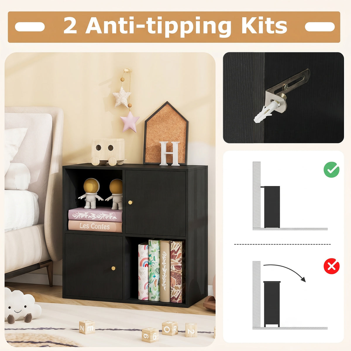 4-Cube Bookcase 3-Tier Bookshelf with Dual Anti-Tipping Kits and 2 Cabinets-Black