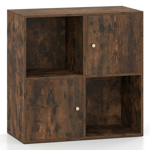 4-Cube Bookcase 3-Tier Bookshelf with Dual Anti-Tipping Kits and 2 Cabinets-Brown