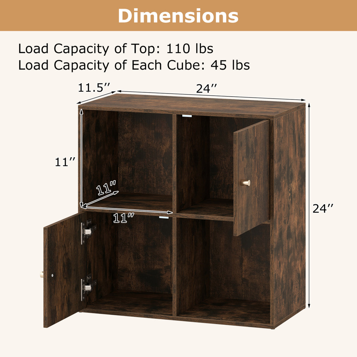 4-Cube Bookcase 3-Tier Bookshelf with Dual Anti-Tipping Kits and 2 Cabinets-Brown