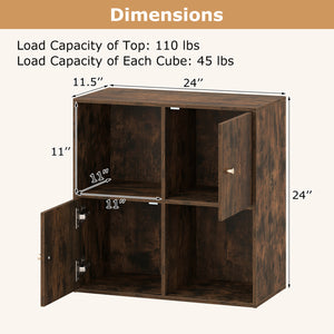4-Cube Bookcase 3-Tier Bookshelf with Dual Anti-Tipping Kits and 2 Cabinets-Brown