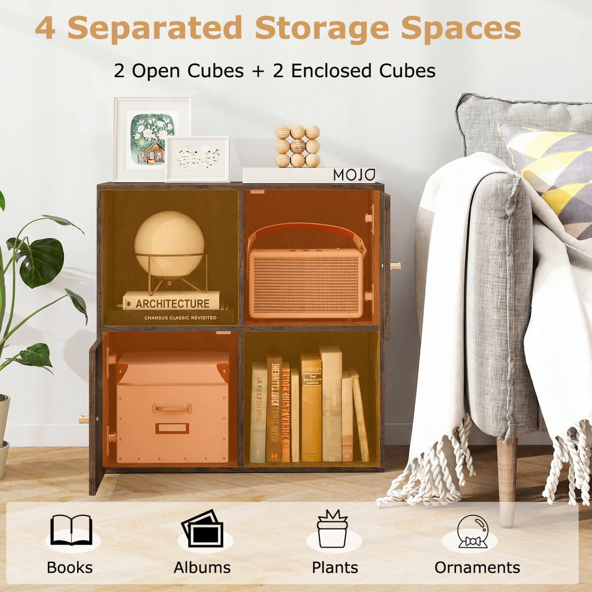 4-Cube Bookcase 3-Tier Bookshelf with Dual Anti-Tipping Kits and 2 Cabinets-Brown