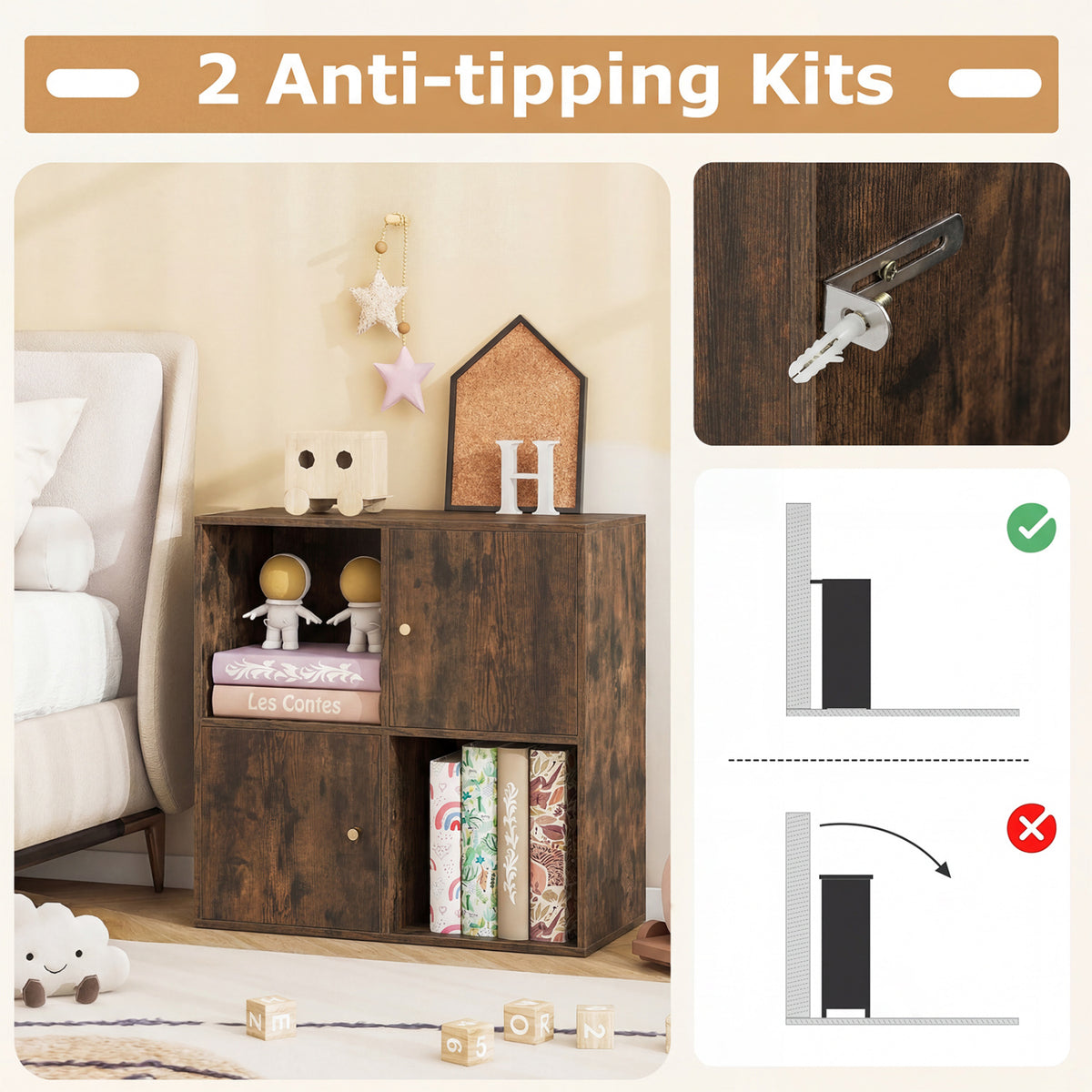 4-Cube Bookcase 3-Tier Bookshelf with Dual Anti-Tipping Kits and 2 Cabinets-Brown