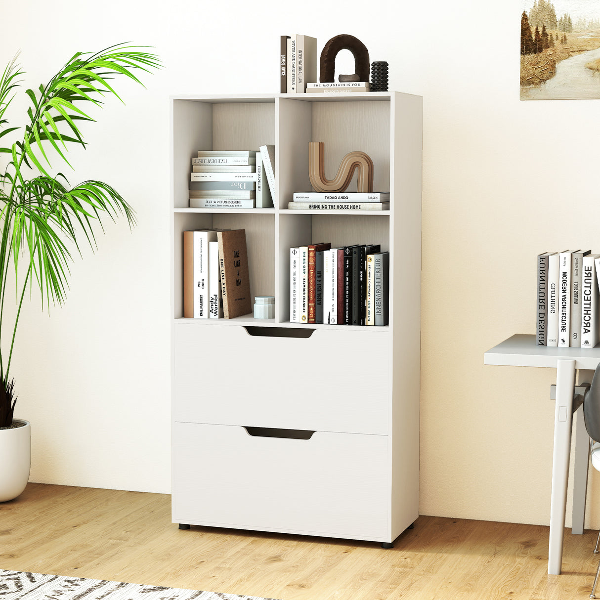 4-Cube Bookcase with 2 Drawers 51 inch 5-Tier Tall Freestanding Bookshelf-White